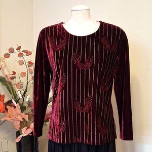 NWT Scoop Neck Wine-red Burgundy Embroidered Blouse Long Sleeve Women’s Top 12